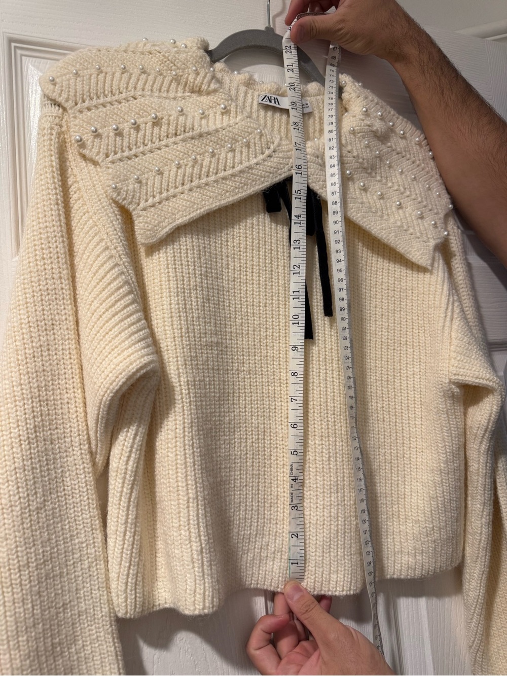 Zara Cream Knit Sweater with Pearl-Embellished Collar and Black Ribbon - Picture 4 of 5